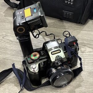Vtg Yoshima Yo-3636 35mm Motor Drive 50mm Lens Film Camera External Flash W Case